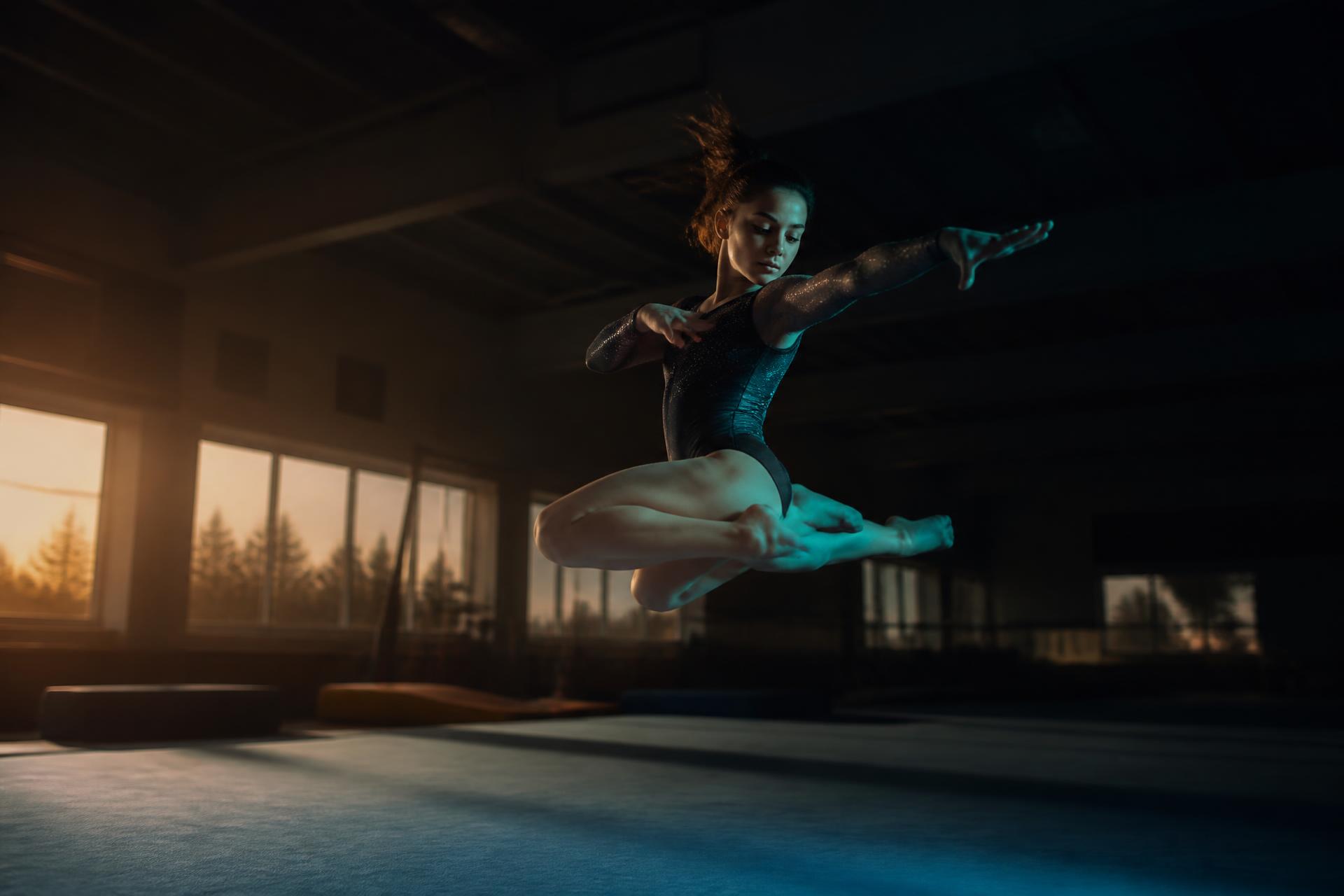 A competitive gymnast in flight above the floor